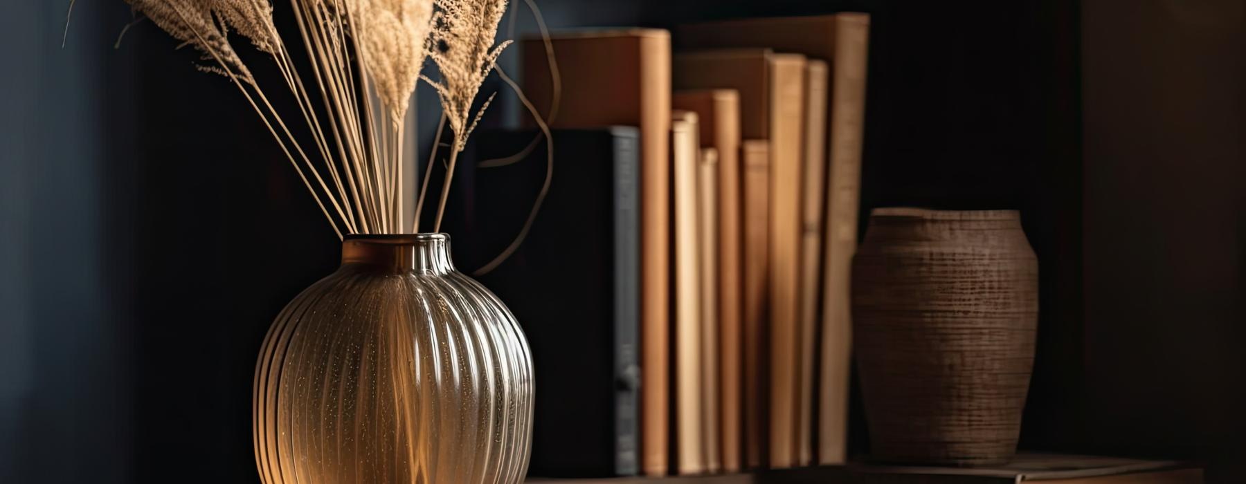 a vase with a plant in it on a bookshelf with books